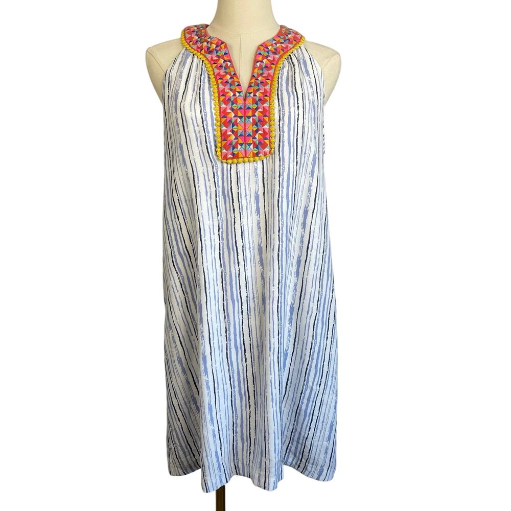 Anthropologie THML Geo Embroidered Pastel Stripe Boho Shift Dress Small